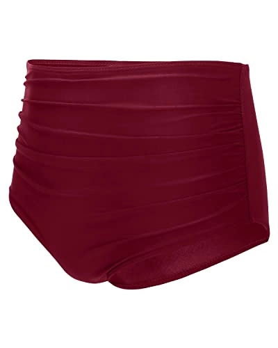 Feminine Retro Ruched Swim Short Shirred Tankinis Brief-Maroon