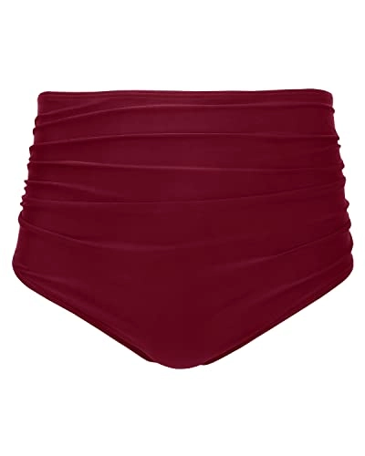 Feminine Retro Ruched Swim Short Shirred Tankinis Brief-Maroon