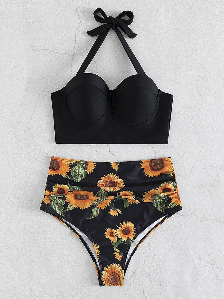 Women Marble Print Ruched Underwire Backless Quick Dry Bikinis