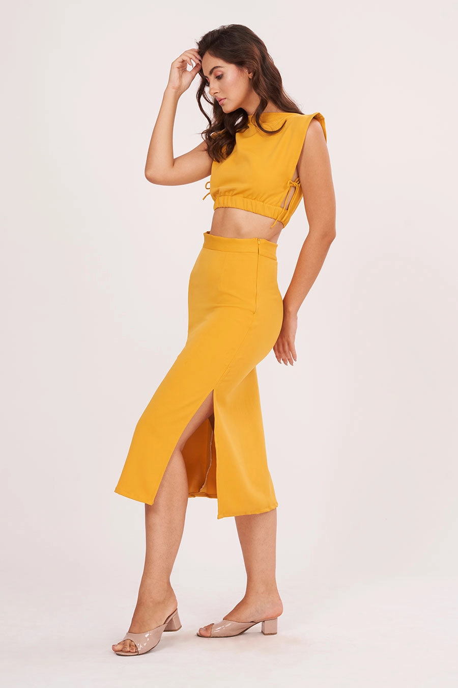 Yellow Ruched Top & Skirt Co-Ord Set